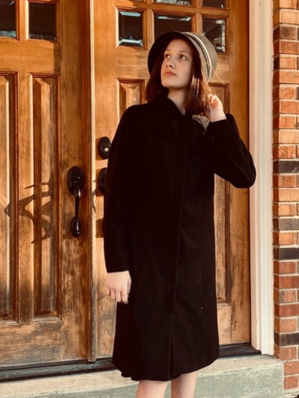 Long Black Dress Coat Bow Collar Size 10-12